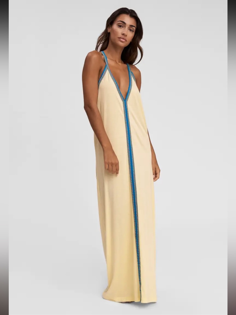 Pitusa Cream Maxi Swim Coverup with Blue Trim